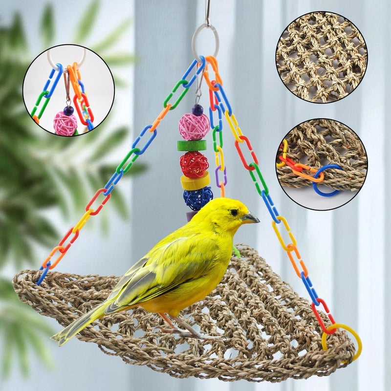 MUYG Bird Swing Toys,Parakeet Seagrass Mat,Edible Triangle Seagrass Hammock with Color Toys Handmade Woven Natural Grass Net Hanging on Parrot Cage for Budgies Lovebird Canary Cockatiel Finch Hamster - Image 5